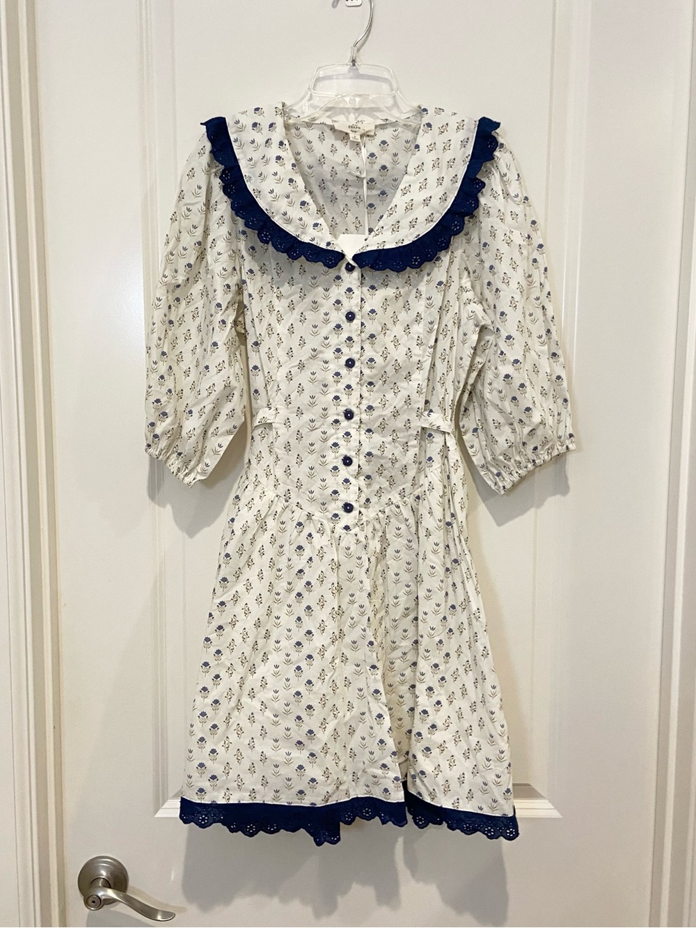New Coquette White & Navy Floral Peter Pan Collar Bib Dress Scalloped Trim